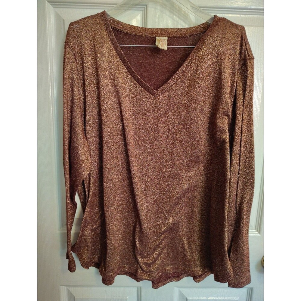 Beautiful faded Glory Brown Gold Metallic Glitter Sweater Long Sleeve 3X 24 W